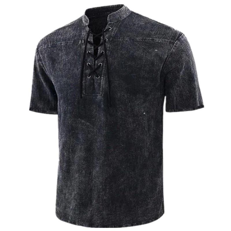 Summer Men's Cotton Linen 100% Shirt Solid Color Lace-up Turn-down Collar Shirt Linen Shirt Top