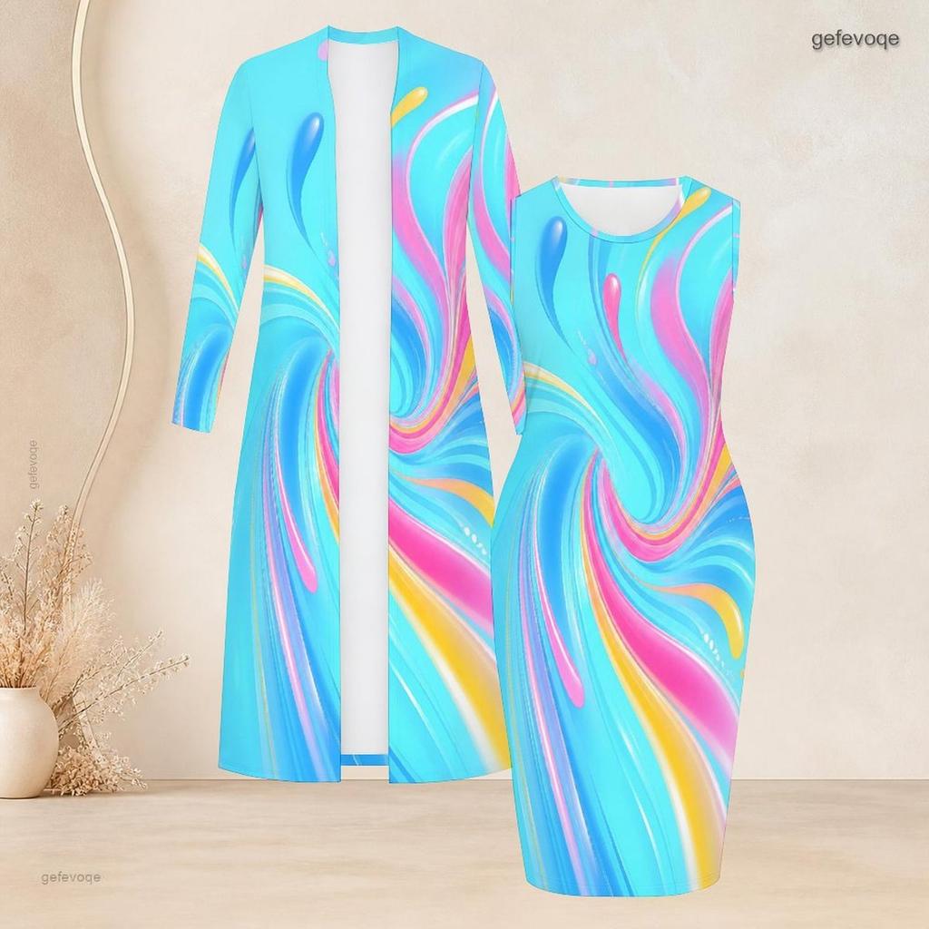 Women Plus Size Two Piece Set Long Sleeve Open Front Cardigan Sleeveless Colorful Printed Bodycon Dress