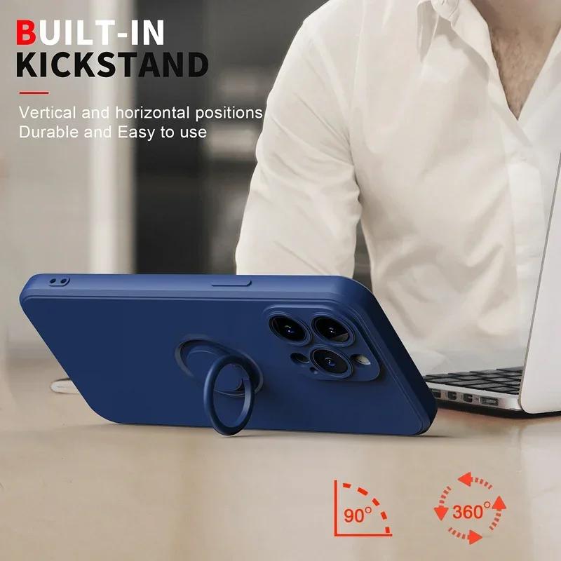 Magnetic Soft Silicone Case For 15 13 14 12 11 Pro Max X XS XR Plus Mini Phone Ring Holder Stand Cover With Wrist Strap