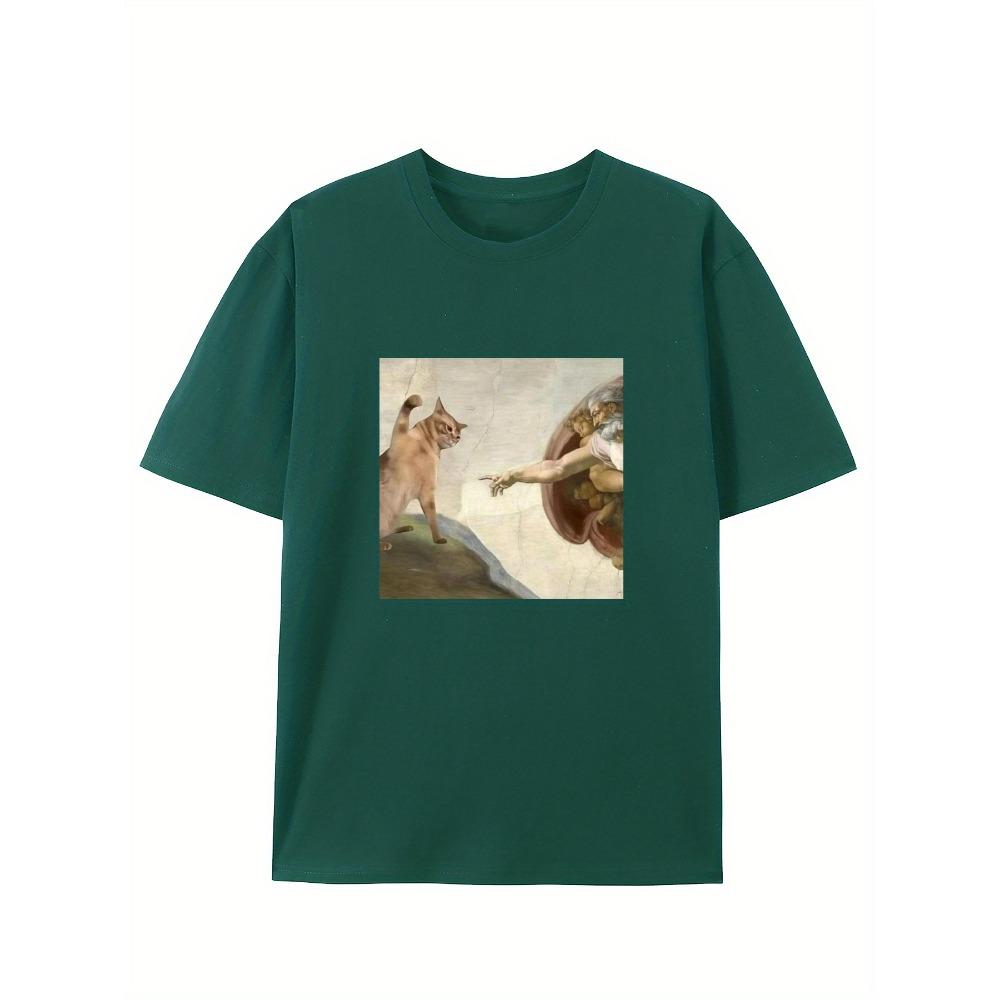Humorous Cat Pattern T-shirt Casual Round Neck T-shirt Suitable for Adult Short Sleeved Summer Casual Fashion Top