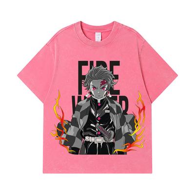 275 GSM Washed T-shirts 100% Cotton Demon Slayer V116 Tanjiro Print Unisex Heavy Cotton T Shirt