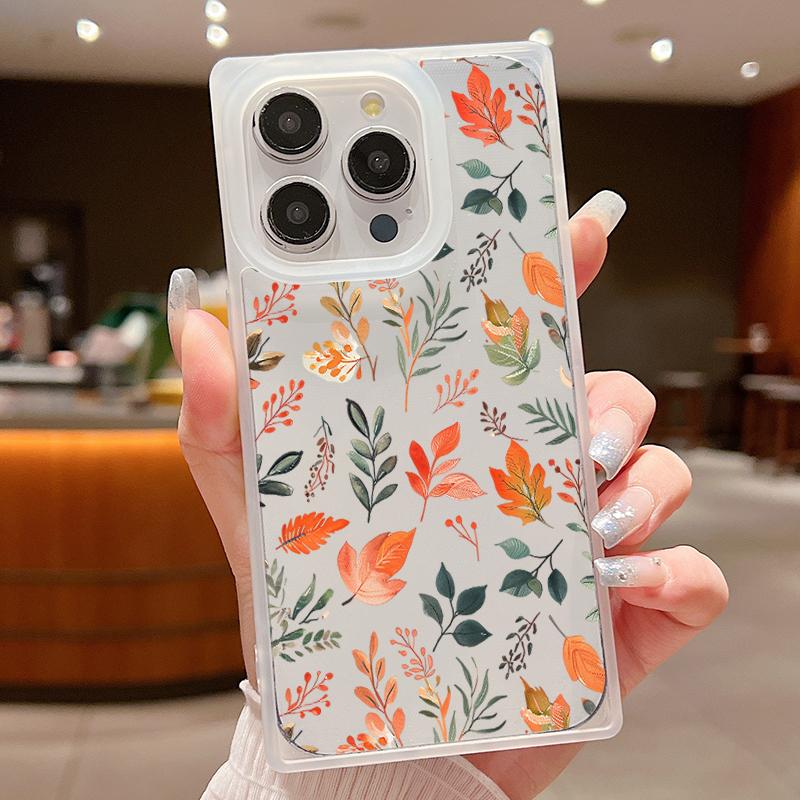 Frosted Square Transparent Phone Case for iPhone 16 Pro 15 14 Plus 13 12 Pro Max 11 Tree Leaves Floral Pattern Tpu Soft Shockproof Slim Cover