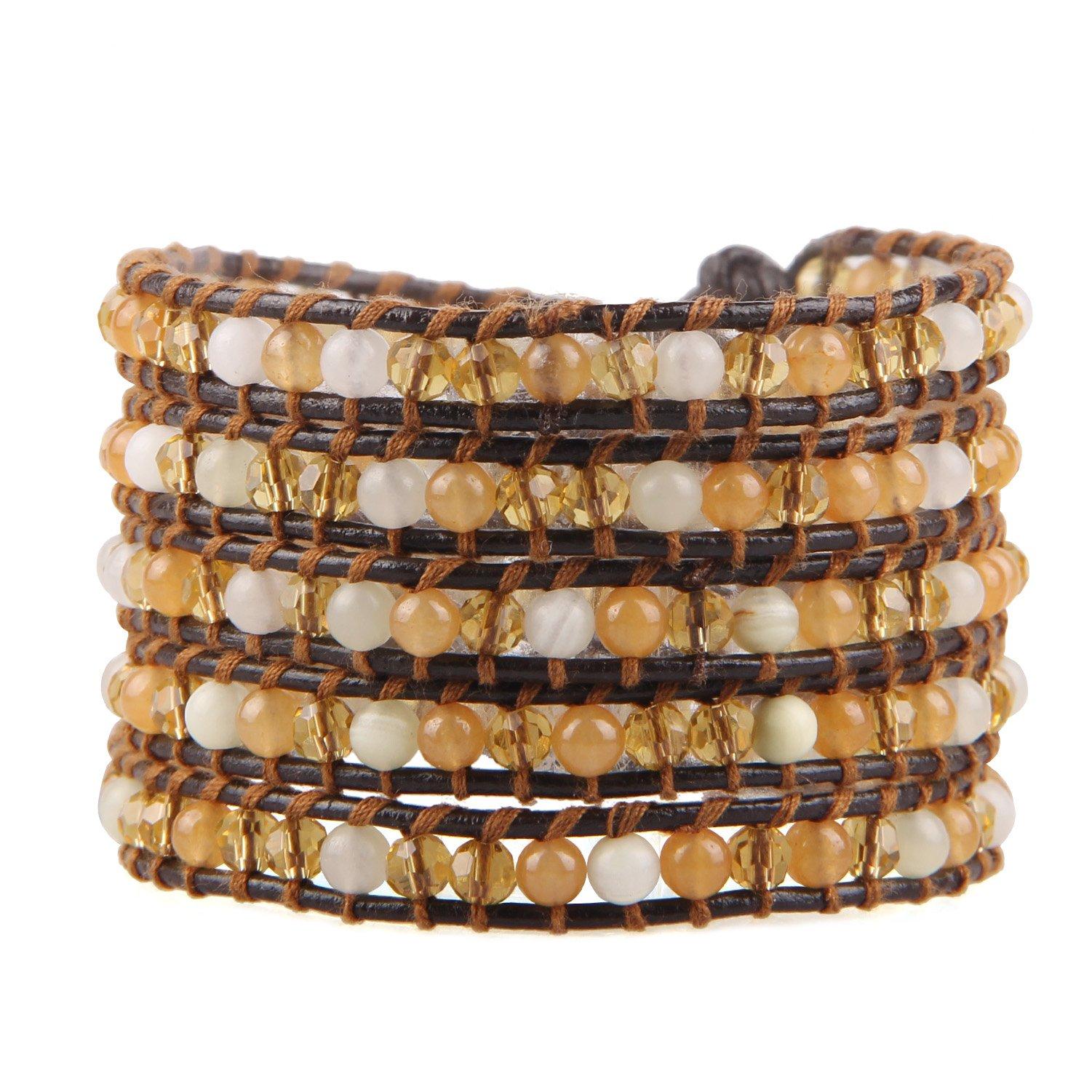 KELITCH Crystal Agate Gem Mix 5-Wrap Bracelet Handmade Friendship Jewelry (Orange)