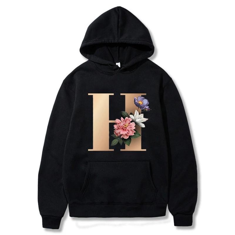 A B C D E English Alphabet Printed Female Hoodie Women New Autunm Couples Lovers Long Sleeve Hoody Harajuku Casual Black Tops