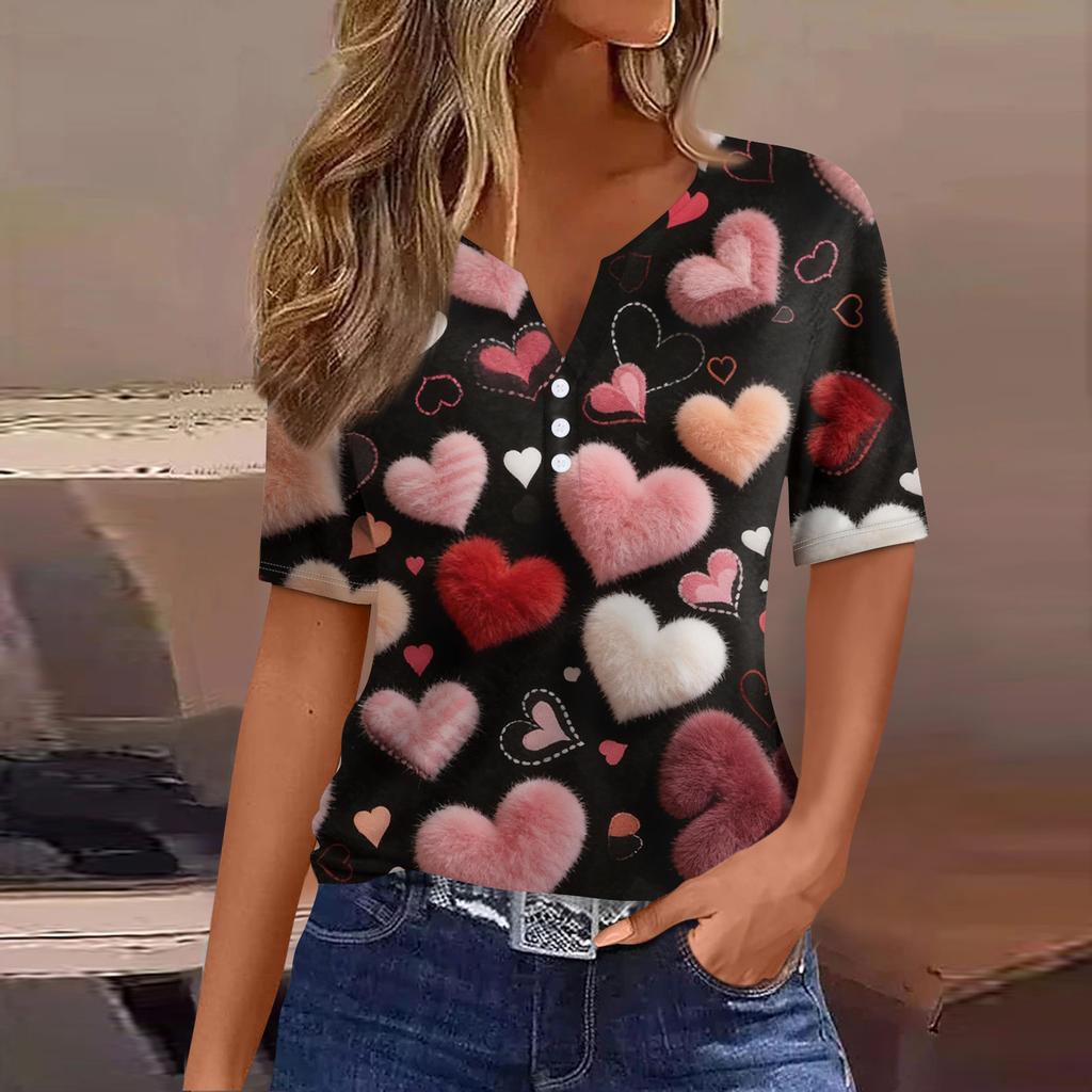 Women's Fashion Casual V,Neck Short,Sleeve T,Shirt With Decorative Buttons And Valentine's Day Print Top