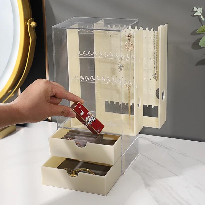 Large Acrylic Jewelry Box Ring Tray Necklace Display Stand Transparent Storage Boxes Portable Jeweler Organizer Stands for Women