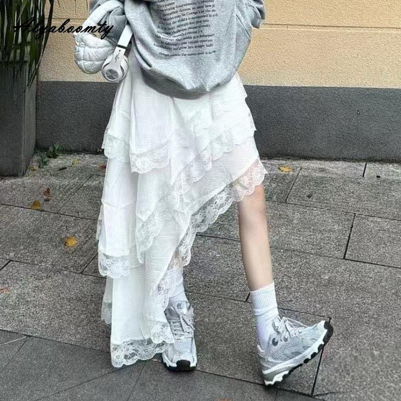 

Корейский стиль Женская уличная одежда Нестандартная юбка Эластичный пояс Белая Черная многослойная юбка с оборками Стильные женственные женские юбки для женщин One Size белый