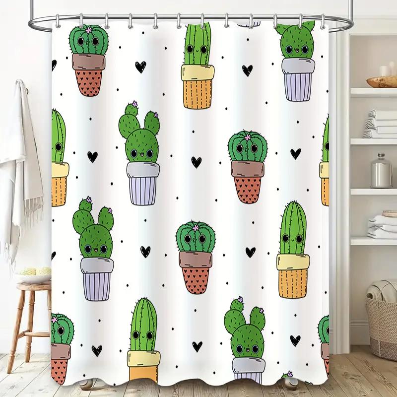 Decorative Shower Curtain Featuring Cute Cacti Pattern Perfect For Bathroom Dcor!