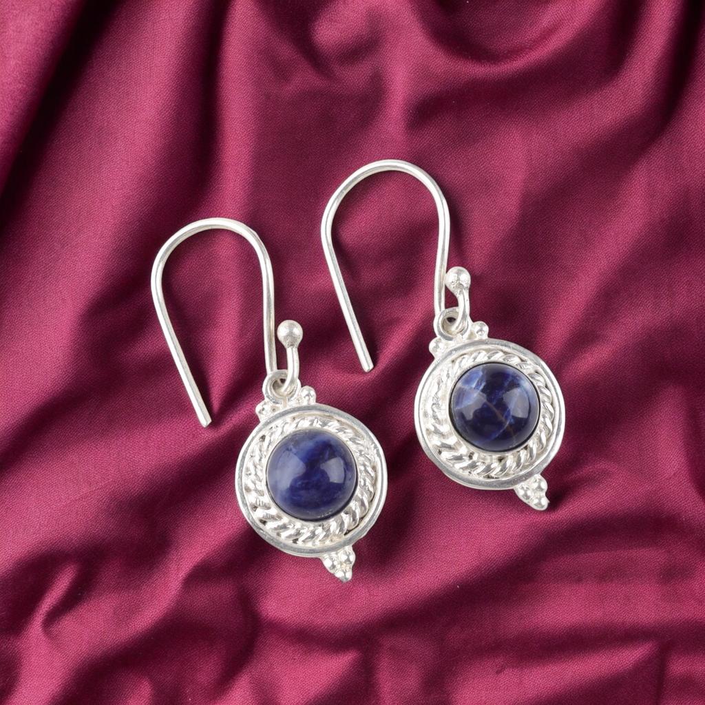 Natural Sodalite Gemstone 925 Sterling Silver Jewelry Handcrafted Earrings 1.43" EE-117-23