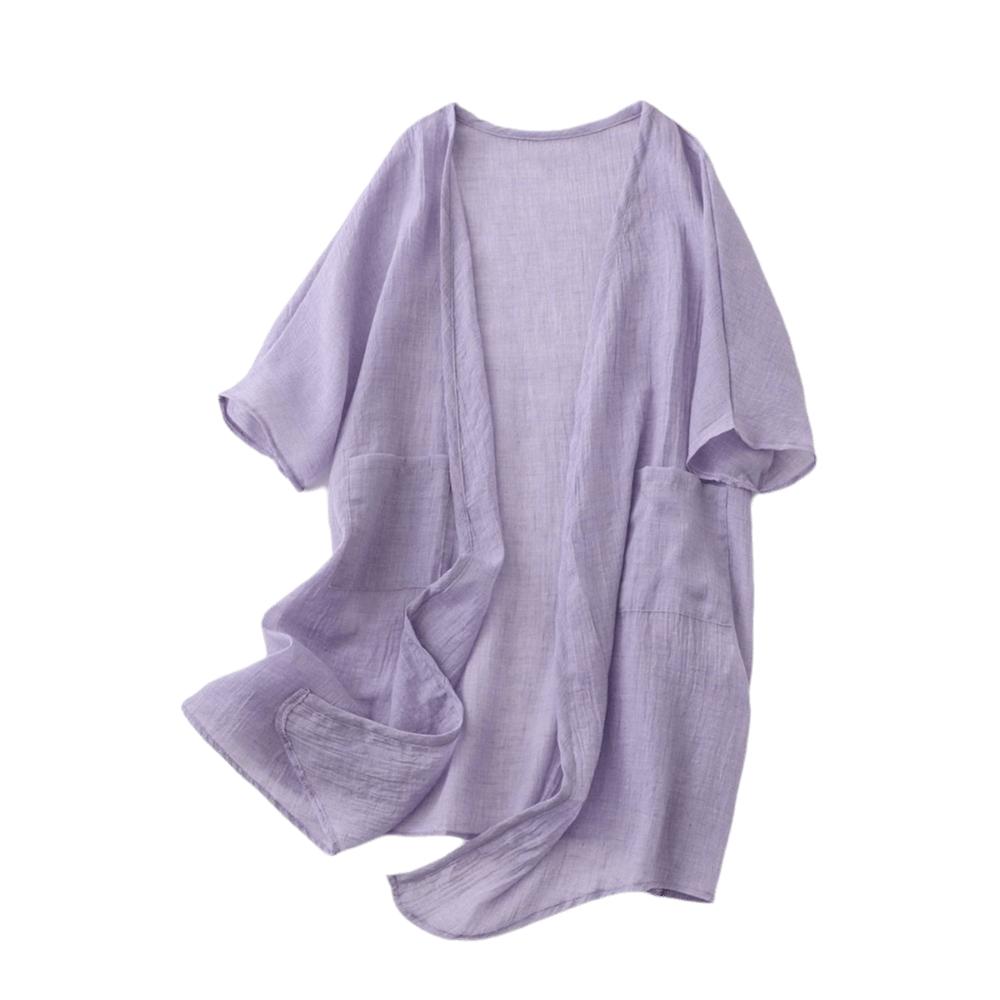 Short Sleeved Long Shawl Loose Beach Top Breathable Linen Cardigan  Summer Wear