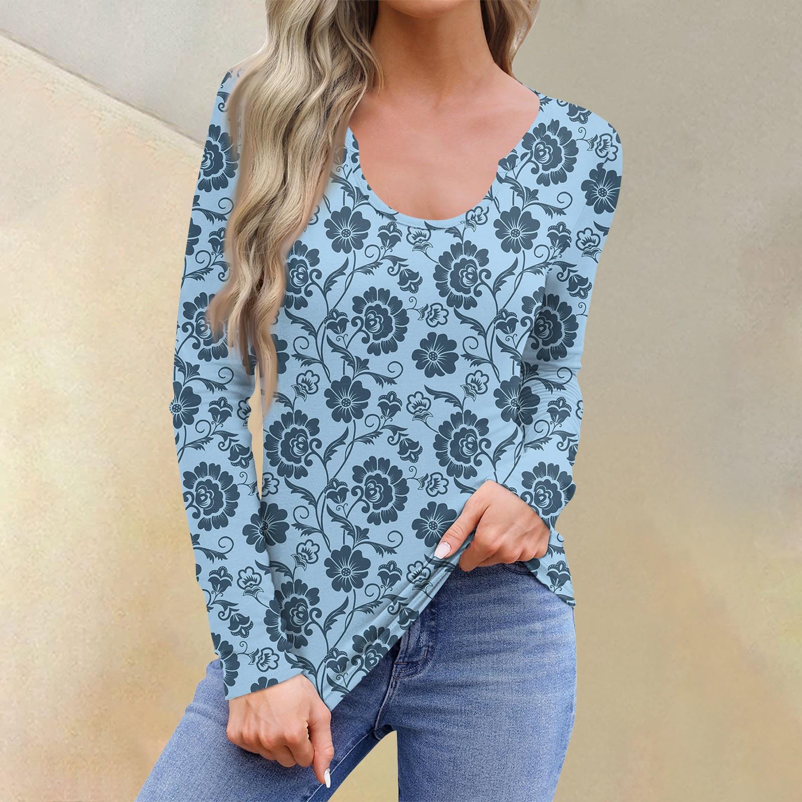 

Жіноча повсякденна мода комфортна довгими рукавами сорочка U-подібним вирізом квітковий принт футболка топи XXL синій