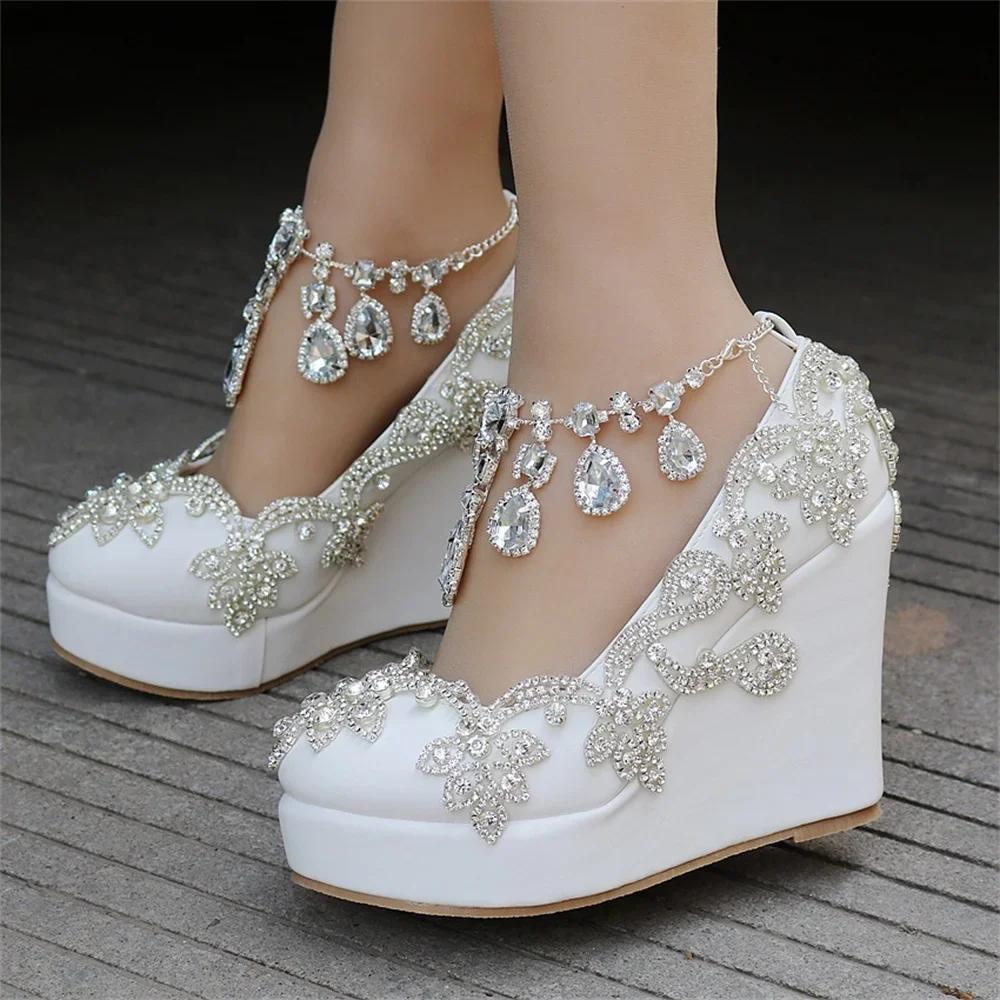 Fashion Rhinestone Bride Wedding Shoes Woman Ankle Strap Wedges High Platform Pumps High Heels Party Rhinestone Round Toe Wedges 11 CM