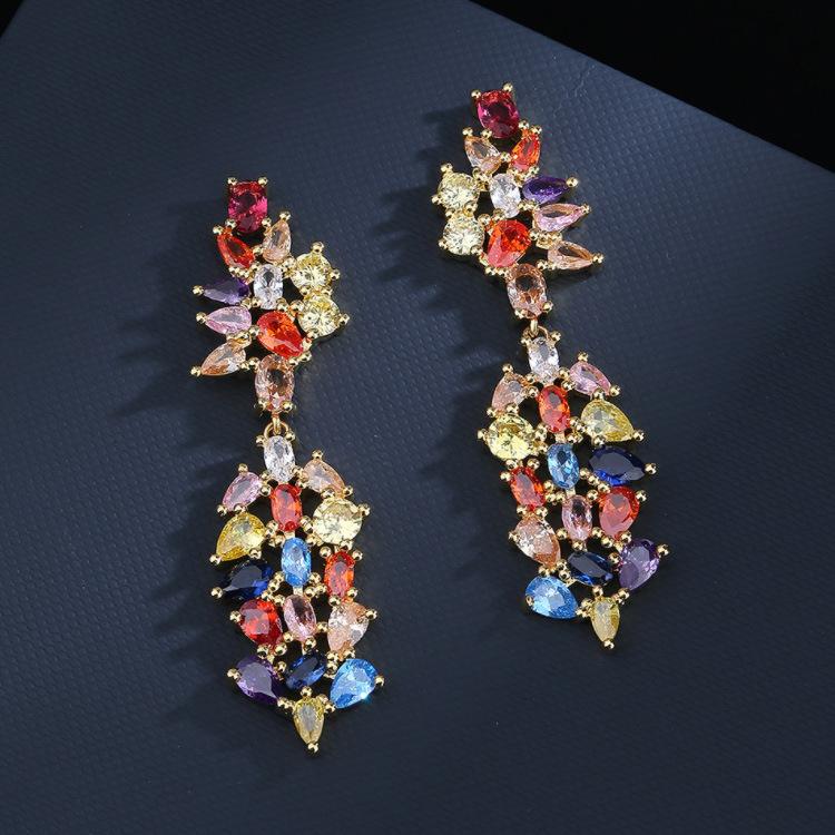 Zircon Earrings Colored Flower Long Fringed Heavy Industry Luxury Temperament Personality Exaggerated Earrings