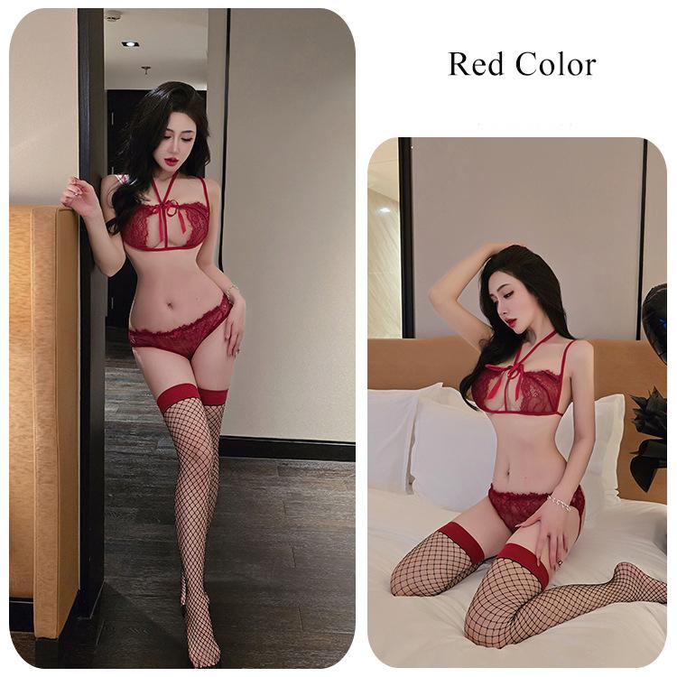 Adult Sexy Lace Hollow Perspective Lingerie Transparent Chest Wrapped Passionate Three-point Set Daring Lingerie Woman