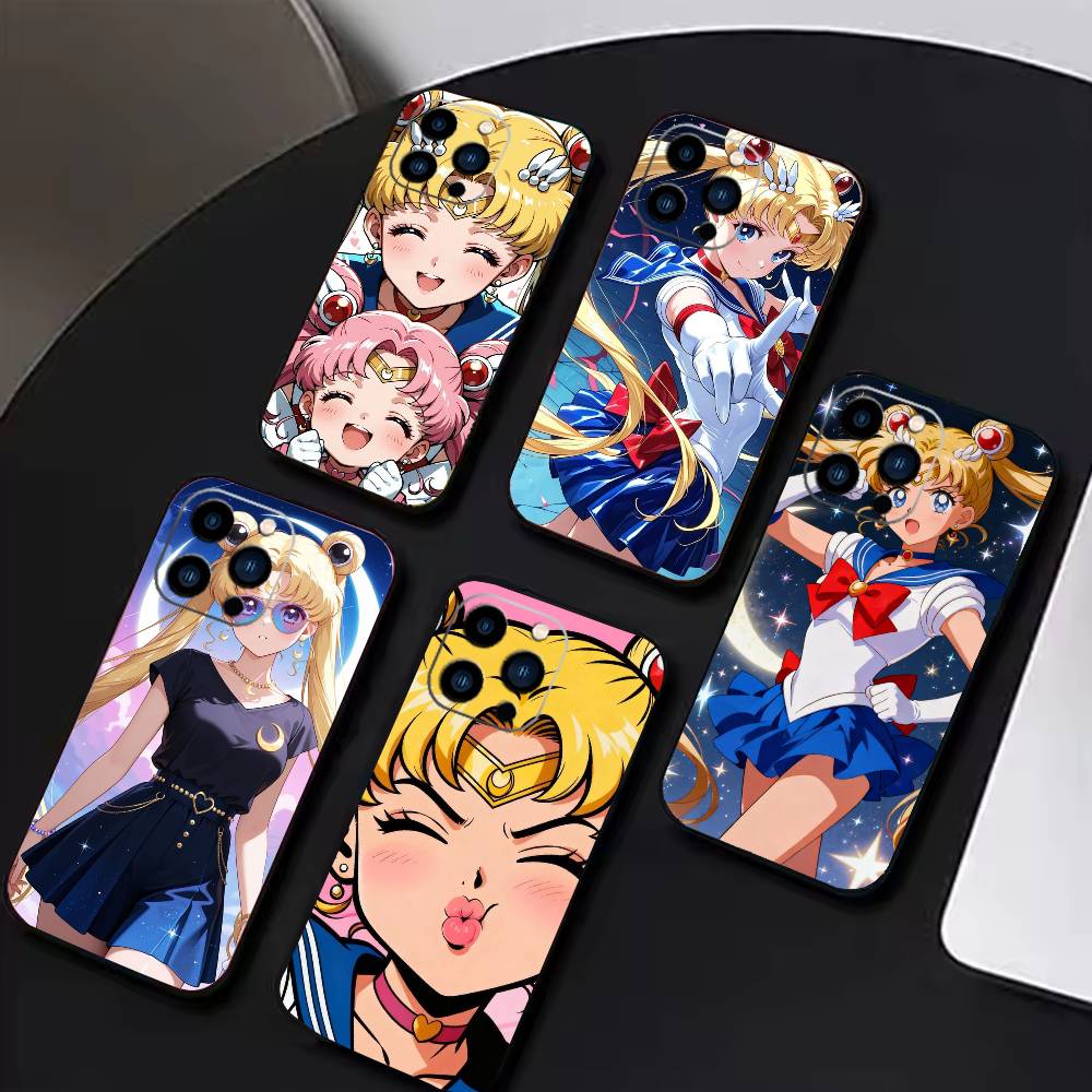 Cartoon S-Sailor M-Moons Phone Case For iPhone17,16,15,14,13,12 Plus,Max Soft Silicone Black Cover