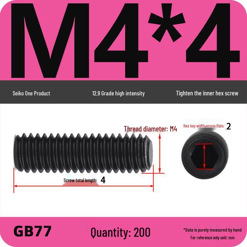 Class 12.9 Inner Hex Flat Head Headless Grub Screw M3-M12