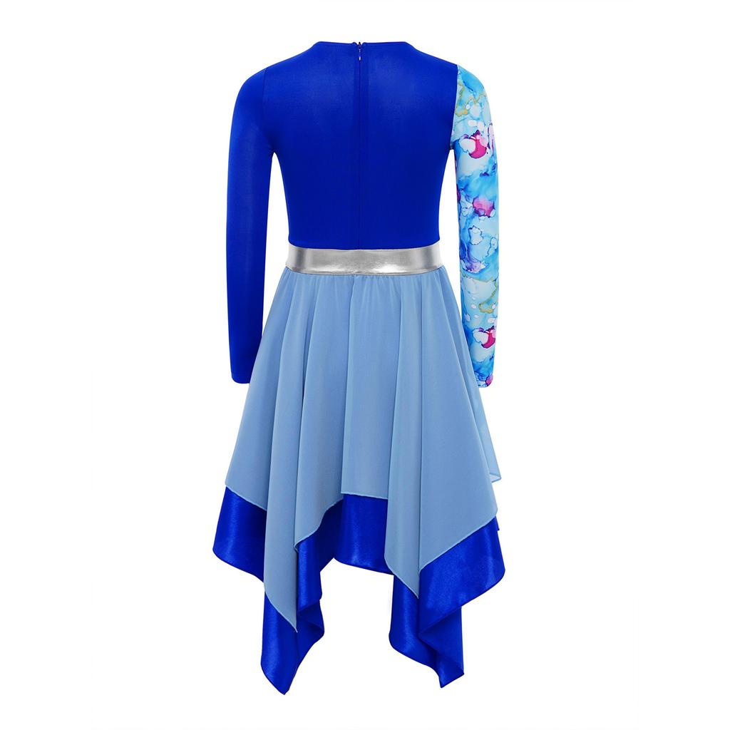 Girls Contemporary Worship Dance Dress: Long Sleeve with Invisible Zipper Back, Stylish Printed Patchwork & Color Block Irregular Hem
