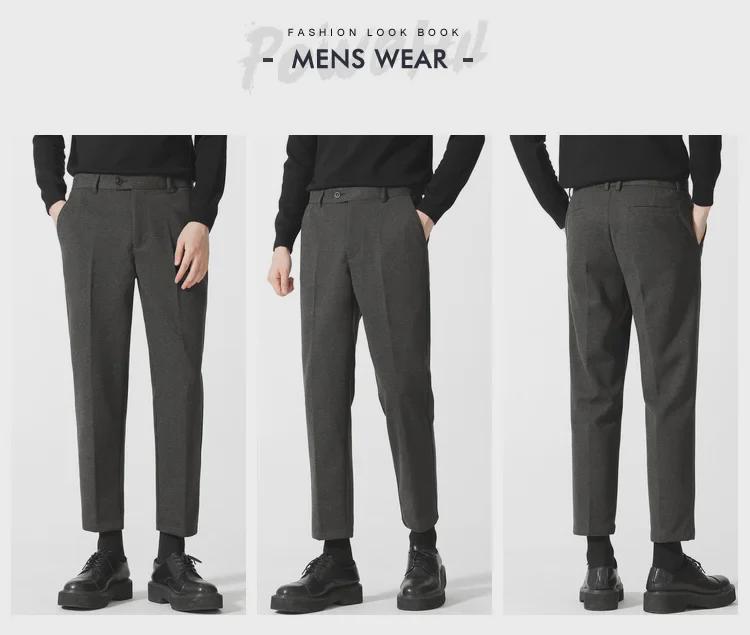 Men’s Casual Woolen Nine-Point Trousers - Autumn Business Loose Fit, Solid Color, Trendy Design.