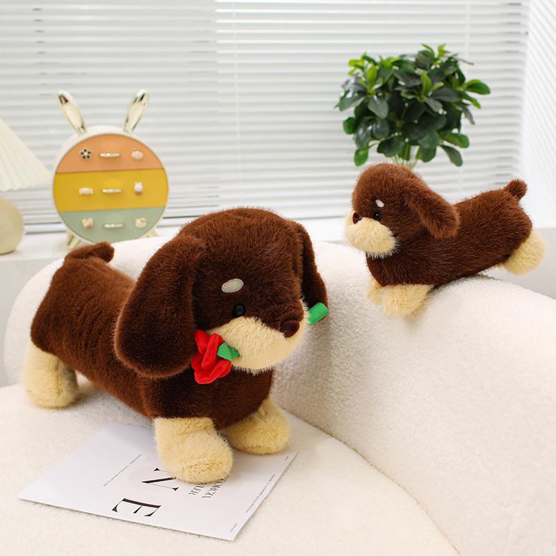 Non-Toxic Dachshund Dog Rose Soft Plush Toy Brown Black Puppy Dog Flowers Stuffed Plushies Dolls Valentine'S Day Wedding Gifts For Children