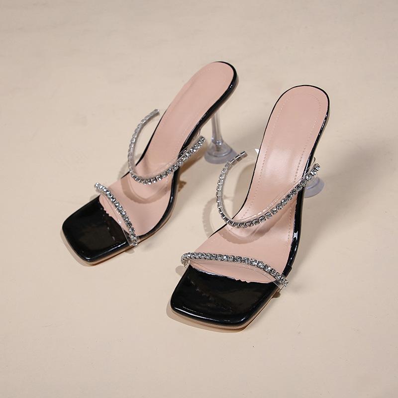 

Летние новые туфли-шлепанцы на высоком каблуке со стразами, женские на тонком каблуке, прозрачные, красивые серебристые туфли-шлепанцы на высоком каблуке 42 чёрный