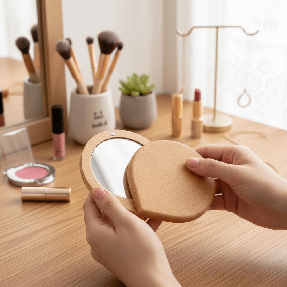 Foldable Wood Makeup Mirror Rotatable Small Mirror Portable Pocket Mirror  Outdoor