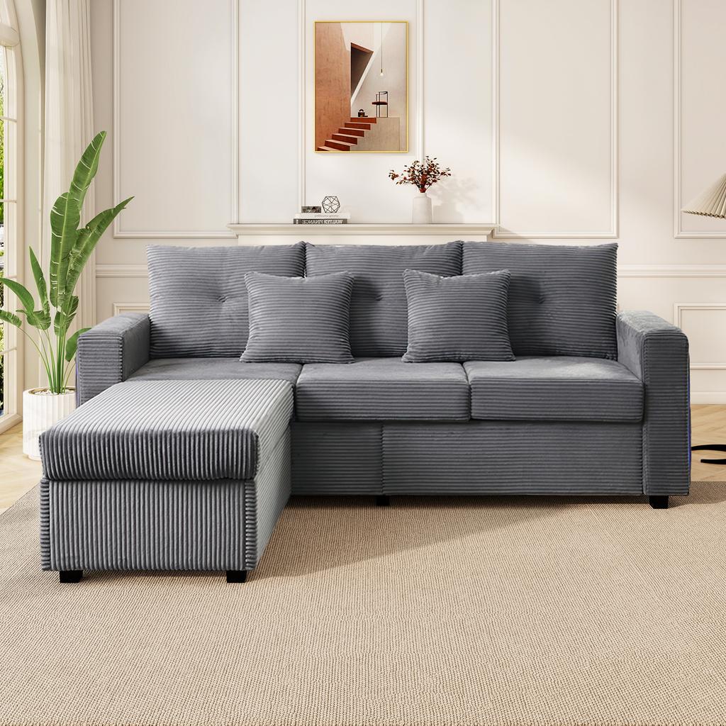 [5-Kissen Supreme Set] LED-Sofa mit wolkenweichem Sitzgefühl: 3-Sitzer-Sofa + Überdimensionierter abnehmbarer Hocker, Tragfähige modulare Möbel in L-Form