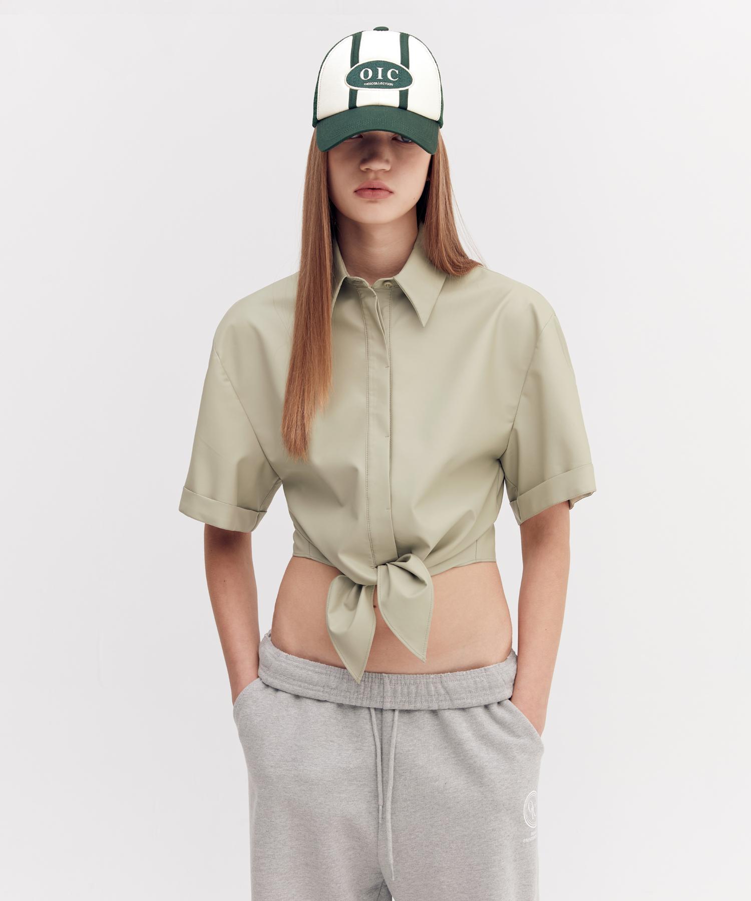 Oioi Collection Faux Leather Tie Shirts [Khaki] Free