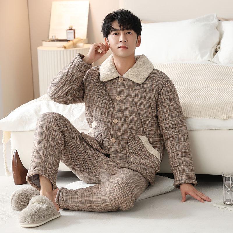 

Пижама мужская зимняя трехслойная утолщенная и вельветовая тканая набивная из чистого хлопка осенне-зимняя теплая домашняя одежда для среднего возраста L