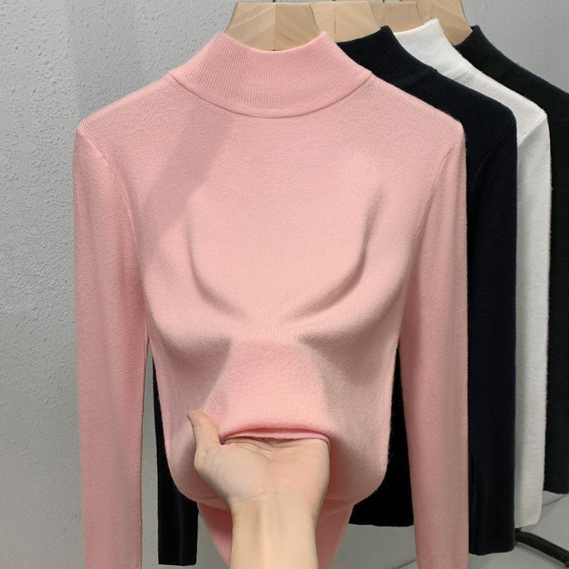 

Белая полуводолазка, женская внутренняя рубашка с вязаным свитером на осень и зиму, новый женский теплый топ высокого класса XL розовый
