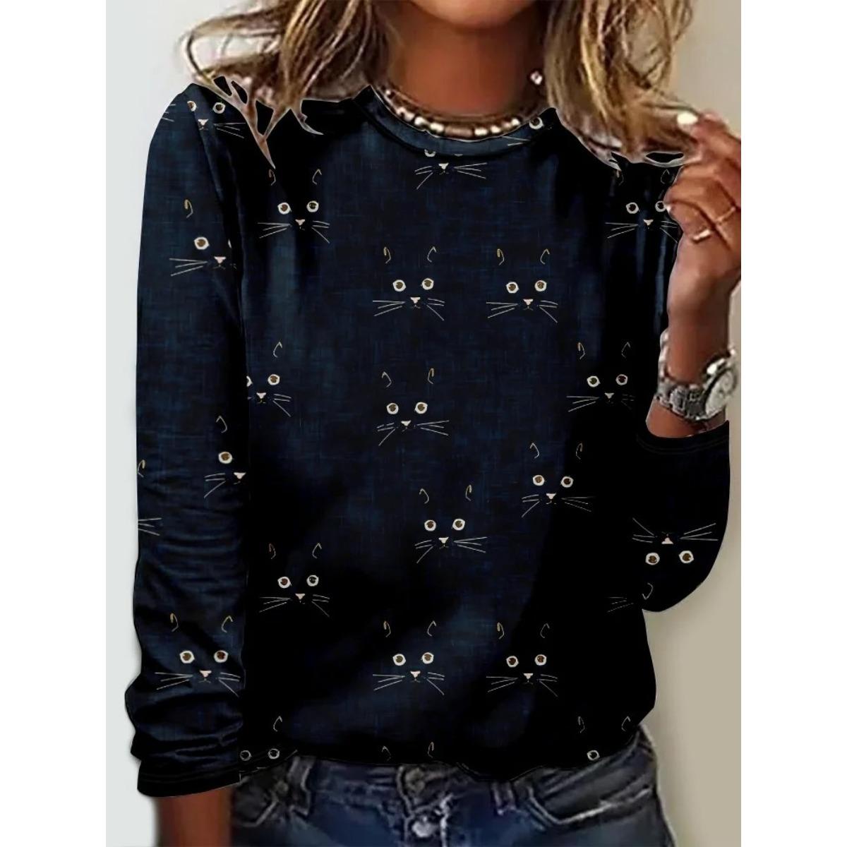

Женские футболки с круглым вырезом, 3D-принтом и милым кошачьим узором, модные, повседневные, с длинным рукавом 2XL