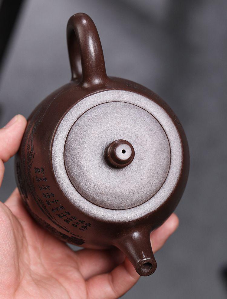 Handmade Yixing Zisha Purple Clay Teapot, Engraved and Painted Han Duo Pot for Gongfu Tea Brewing
