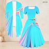 Women Plus Size Two Piece Outfit Square Neck Short Sleeve Tie Waist Flared Dress 3 4 Sleeve Open Cardigan Colorful Printed