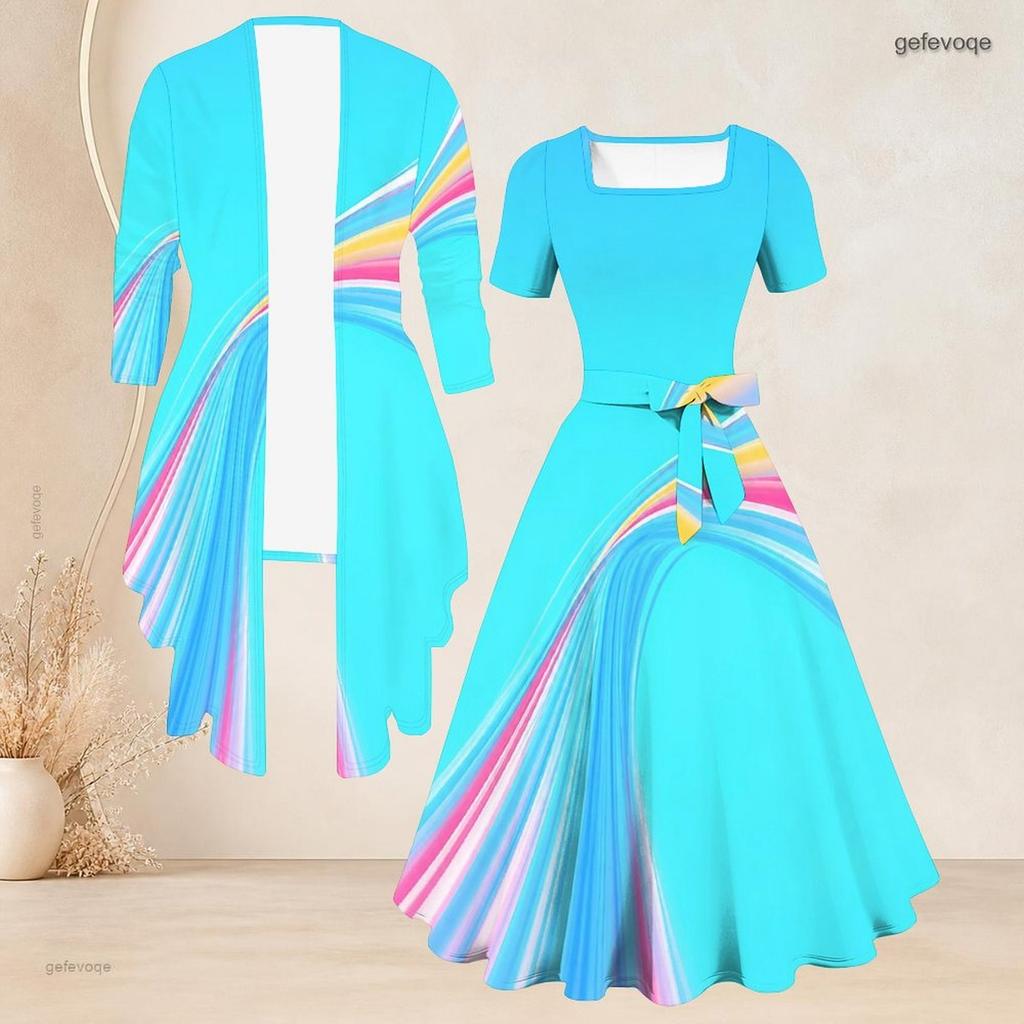 Women Plus Size Two Piece Outfit Square Neck Short Sleeve Tie Waist Flared Dress 3 4 Sleeve Open Cardigan Colorful Printed
