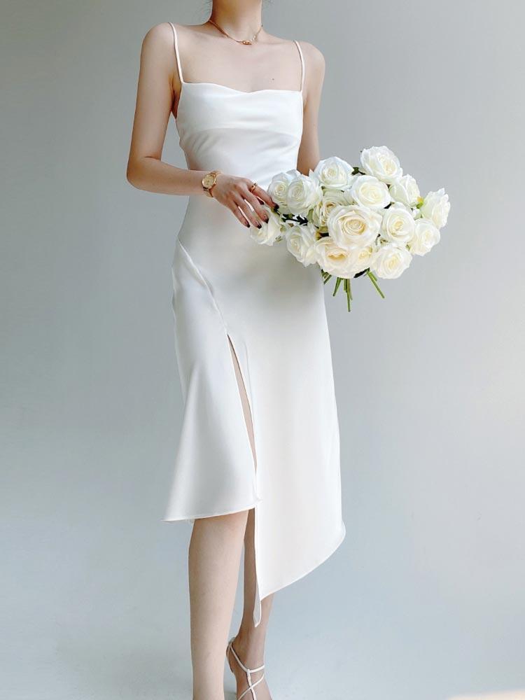 Satin Suspender Dress for Women Summer Sexy Club Party Evening Dress Elegant Fashion Female Clothing White Black