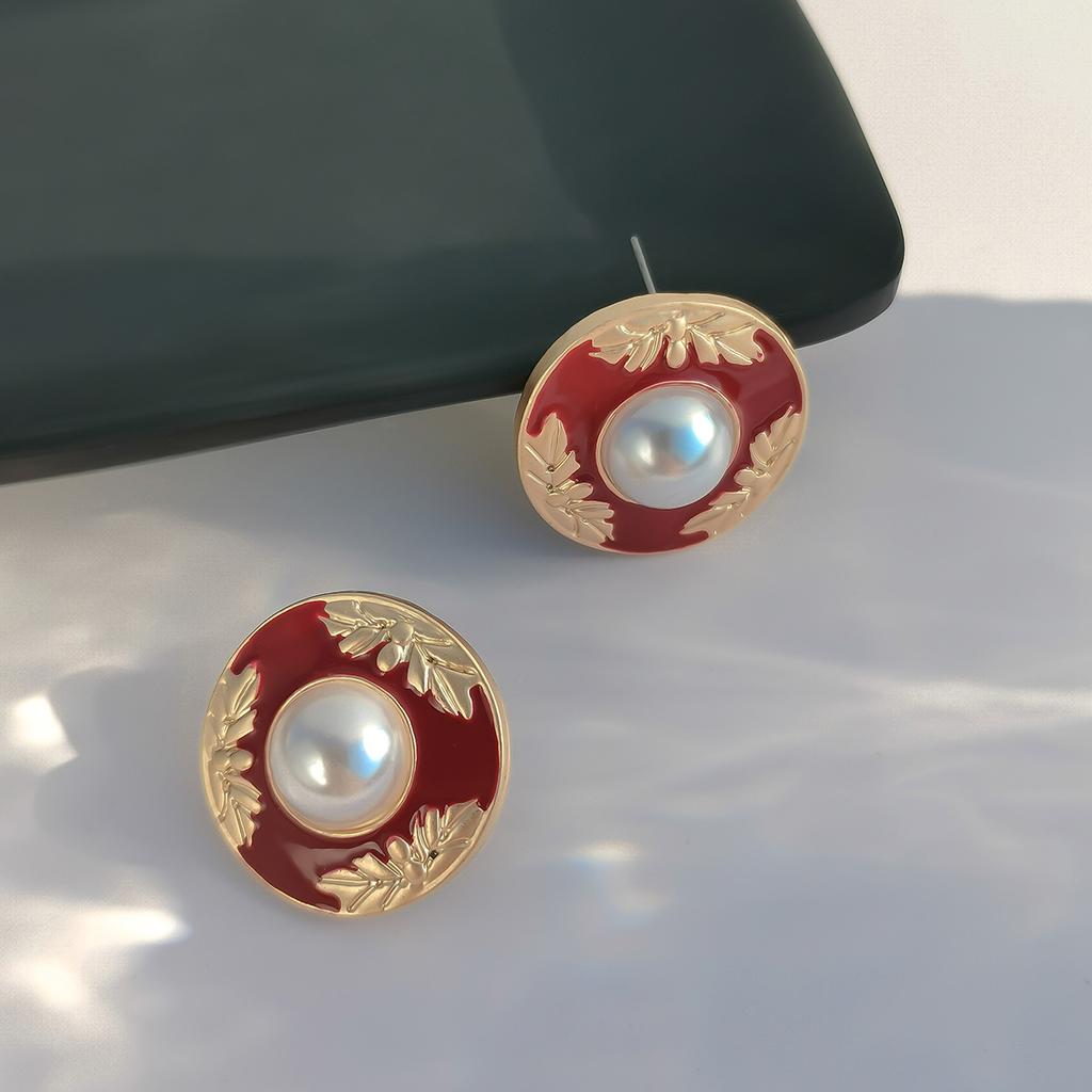 Accessories, Retro Xiaoxiangfeng Heart-Shaped Pearl Stud Earrings For Women, Simple Oil-Dripping Geometric Round Earrings