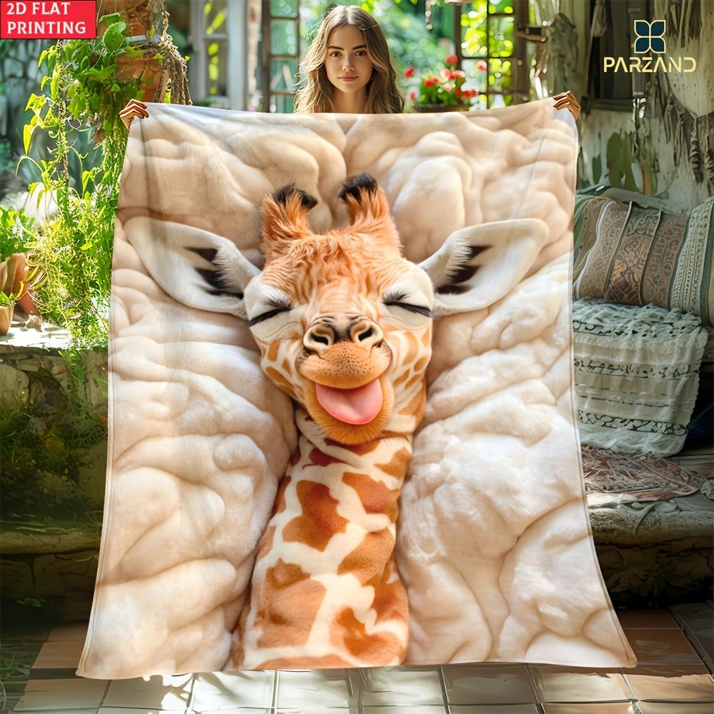 1pc 2D Flat Cute Furry Giraffe Print Portable Flannel Blanket Lightweight Warm Throw For Travel Camping Sofa Bed Office Decor