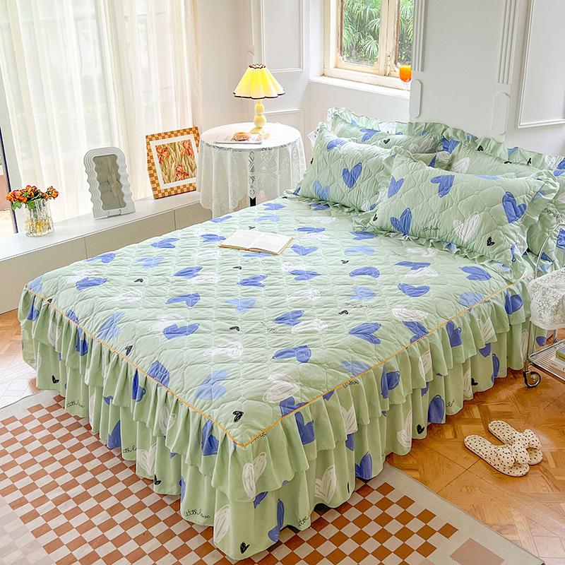 3pcs Bed Skirt Set Solid Color Quilted Thickened Lace Decoration Includes 1 Bed Skirt + 2 Pillowcases Suitable for Home And Hotel