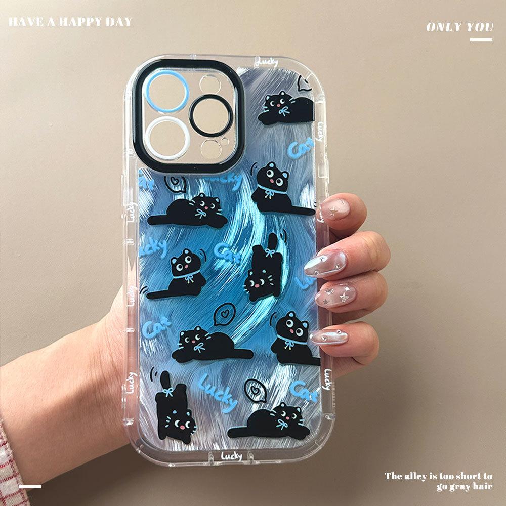 Gradually Dyed Feather Yarn Small Black Cat Food Suitable for Apple 16 Protective Cover Iphone15 Mobile Phone Case 14 Soft Edge 13 Niche