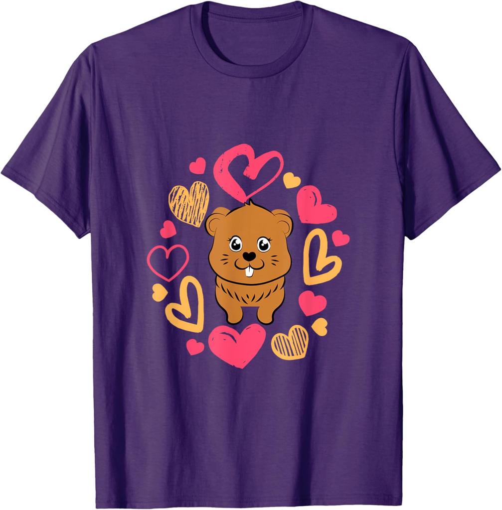 Niedliches Murmeltiertag Murmeltier Liebende Herzen Grafik T-Shirt Lässiges Kurzarm T-Shirt