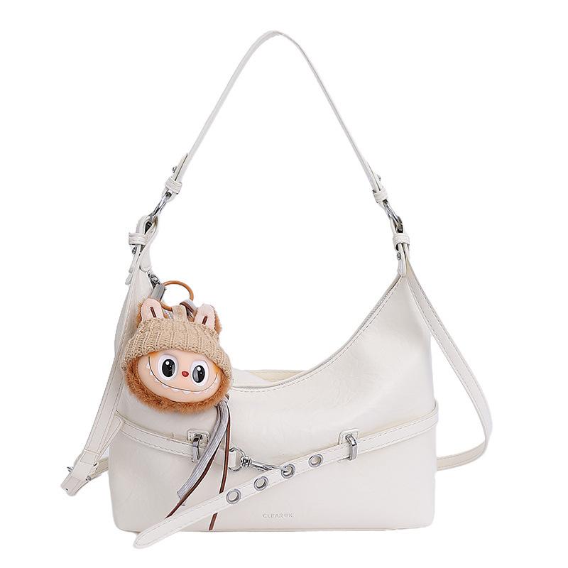 

Sweet Vintage Crescent Hobo Bag Retro Oil Wax Leather Shoulder Handbag With Doll Charm For Women Daily Commute Fashi Purse with Pendant