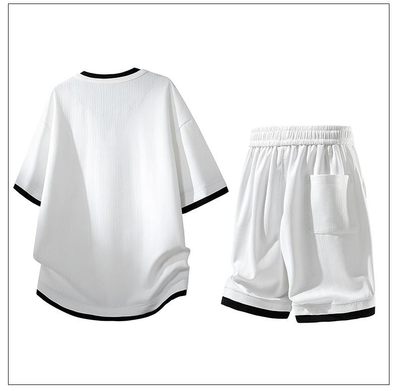 Trendy 2026 Men's Jacquard Sportswear Set: Faux Two-Piece T-Shirt & Shorts
