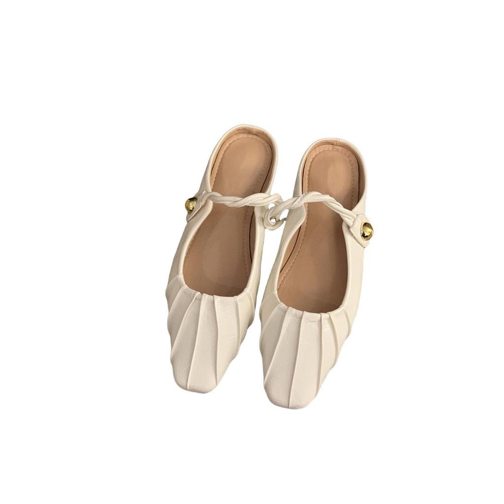 Flat bottom pleated temperament bag head half slippers women's shoes outer wear 2025 summer with skirt Mary Jane half tray single shoes