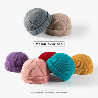 Trendy Herbst und Winter Warme Melonenmütze für Herren Studentenmode Hipster Beanie mit Bündchen Solide Strickmütze aus Wolle für Damen