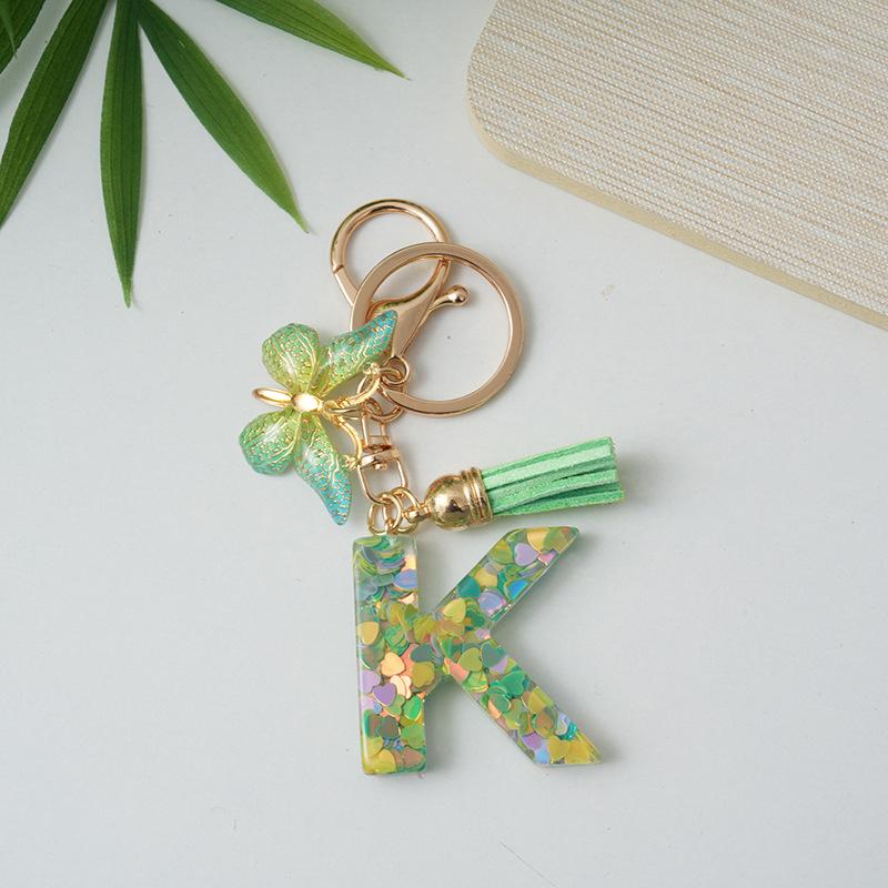 A-Z Initial Letter Keychain Green Butterfly Tassel Letter Charm Bag Pendant Couple Key Holder Pendant For Friend Gifts