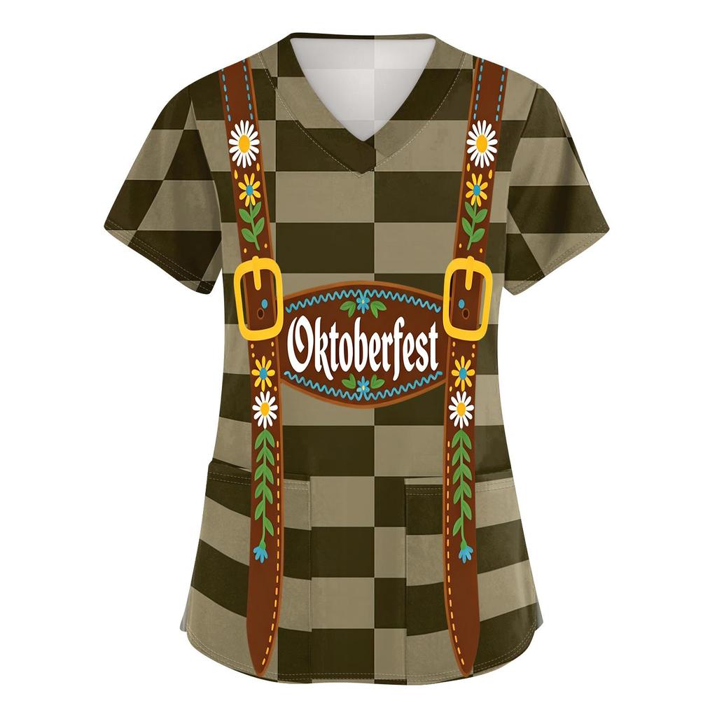 Women's V Neck Short Sleeve Work Shirt with Pockets Oktoberfest Print Lightweight Comfortable Fit Casual Top for Healthcare and Service Staff