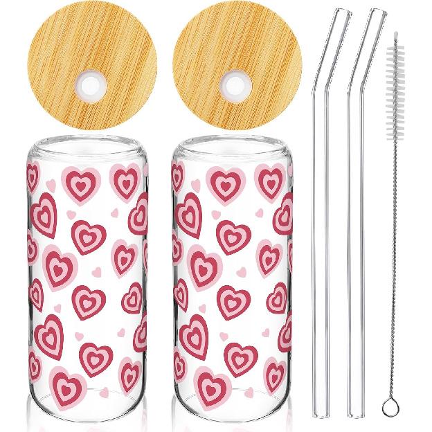 Maxcheck 2 Pcs 20 Oz Ice Coffee Cup Drinking Glasses Cup Beer Glass Iced Coffee Glasses with Bamboo Lids Glass Straw and Cleaning Brushes for
