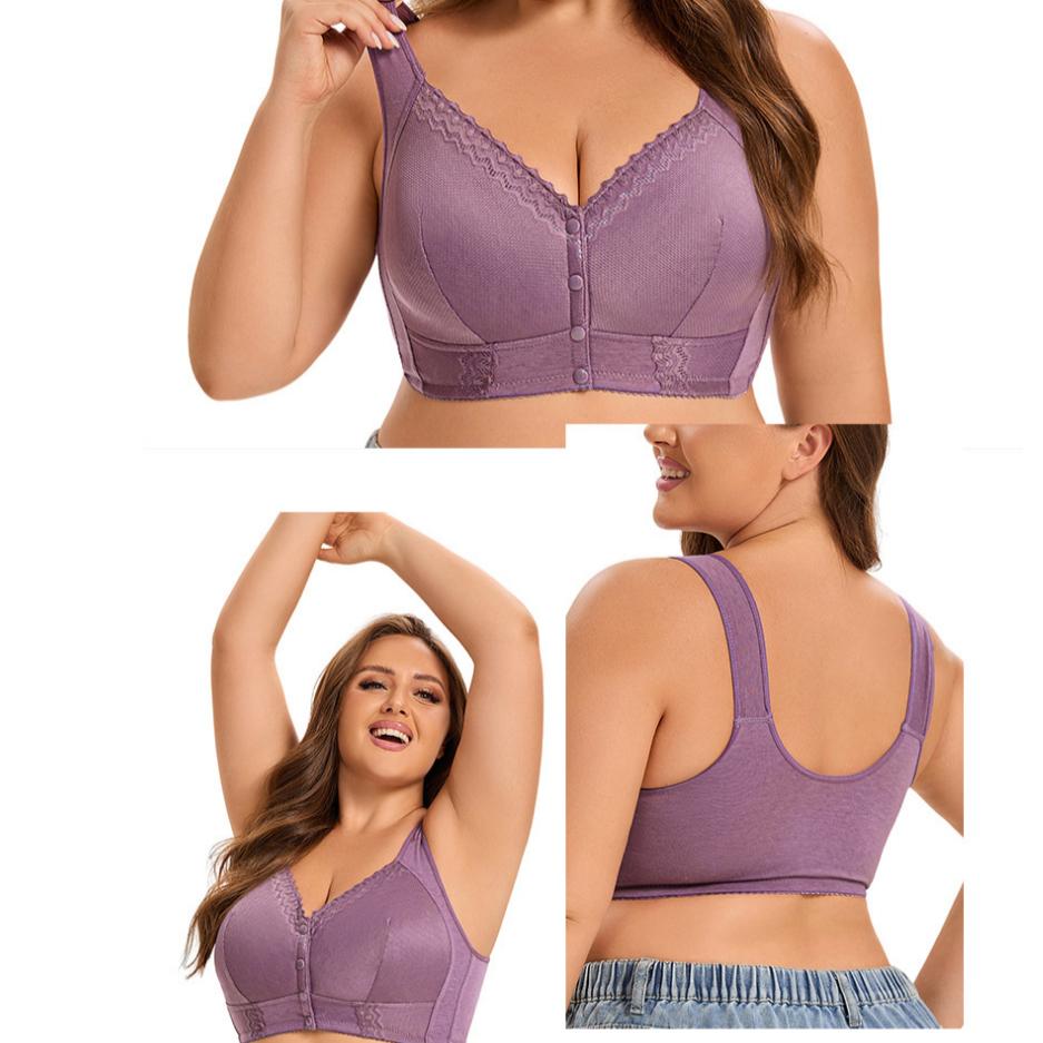 Soft Cotton Thin Cup Front Buckle Middle-aged and Elderly Women's Lace No-rim Vest Style Oversized Bra