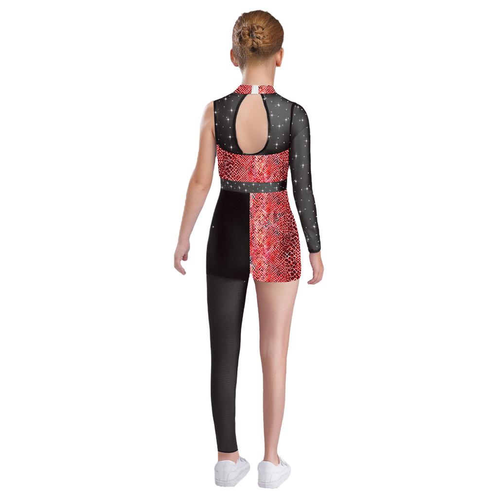 Girls Printed Gymnastics Leotard Star Leopard Snakeskin Design Shiny Rhinestones Sheer Mesh Patchwork Asymmetrical Bodysuit