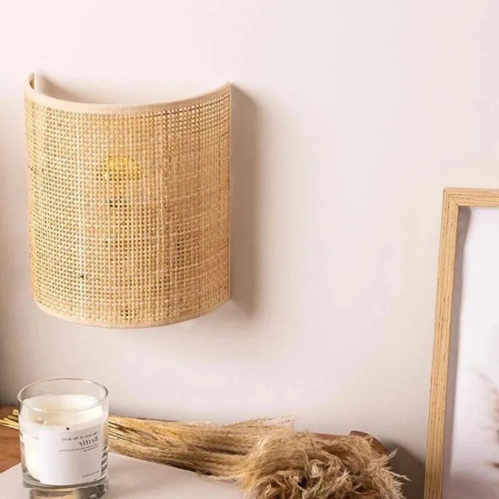 Rattan Wall Sconce, Farmhouse LED Wall Lamp, Natural Woven Bedroom Light, Corridor Bathroom Plug-in Lighting