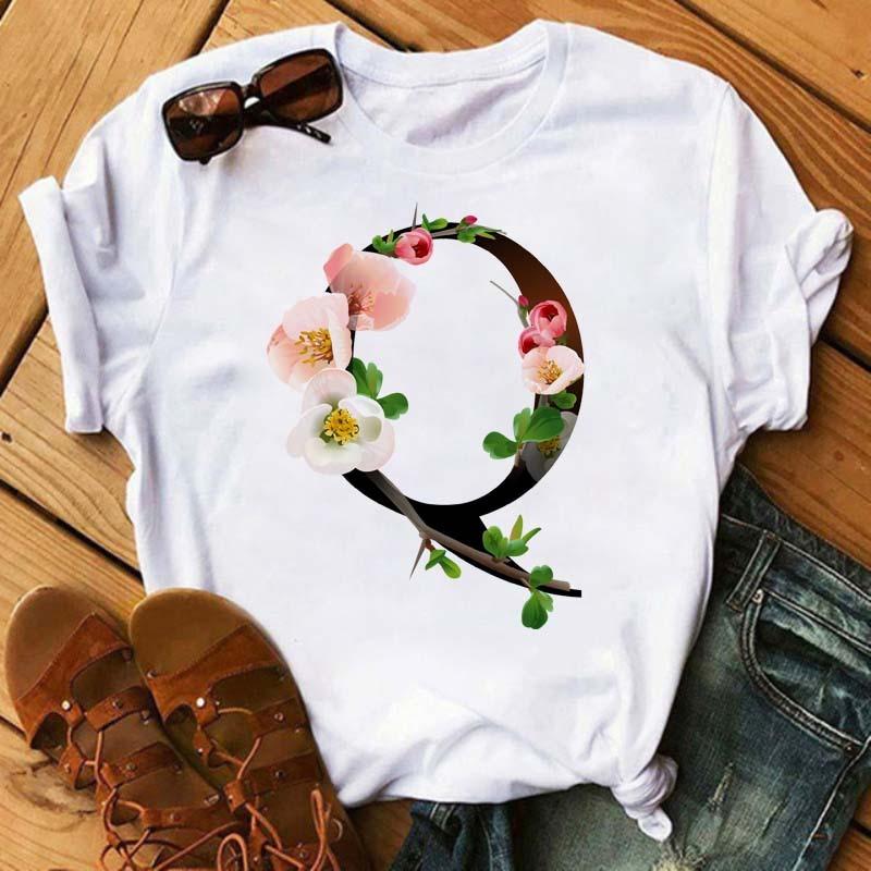 Womens Short Sleeved Tshirt with Floral Letter Print Top with Floral Pattern Casual Natural and Fashionable Daily WhiteTshirt